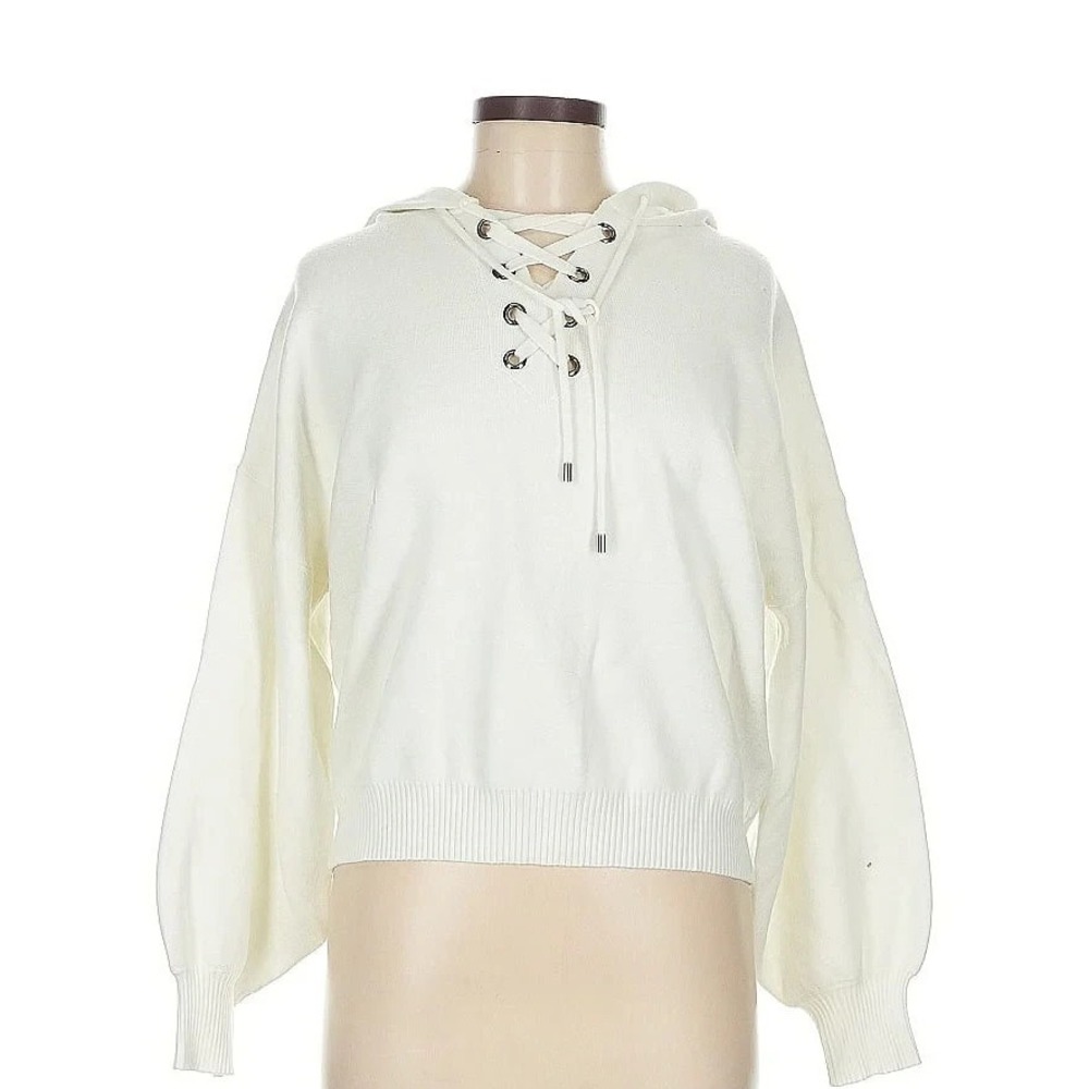 Philosophy White Cropped Hoodie Sweater Boho Indie Pullover Womens M Cottagecore